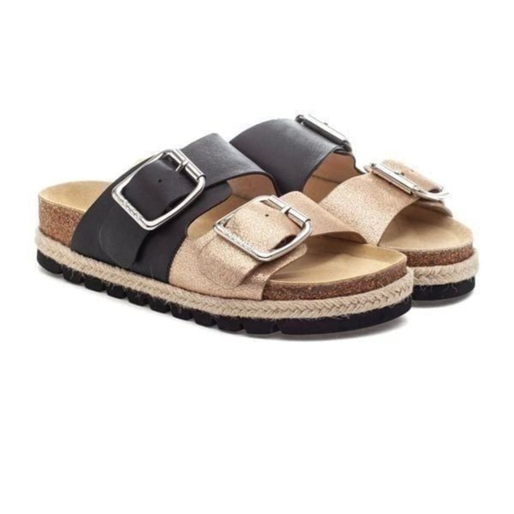 J slide black gold sandals size 9